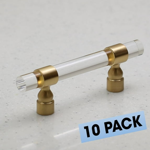 Lucite on Satin Gold - Pull - 3" Hole Centers, 5-1/32 Overall Length - Modern Gold - Clear Acrylic Cabinet Handle Furniture Door (10 Pack)
