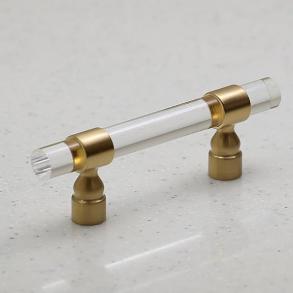 Lucite on Satin Gold - Pull - 3" Hole Centers, 5-1/32 Overall Length - Modern Gold - Clear Acrylic Cabinet Handle Furniture Door