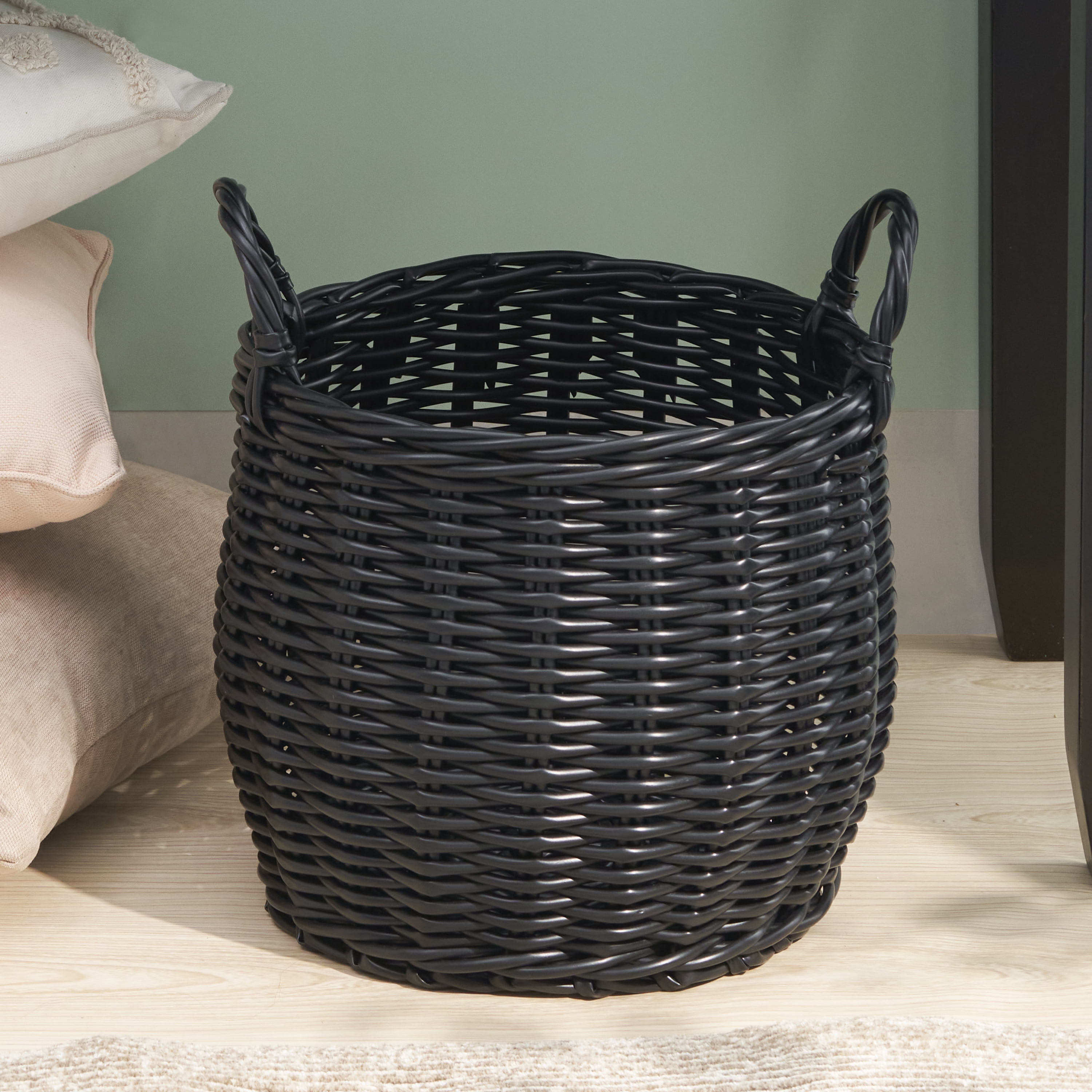 Lucius Round Black Resin Woven Wicker Basket with Handles 13" x 13" x 13"