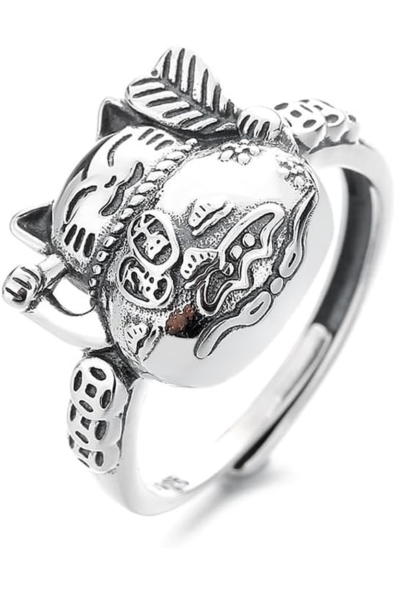 Luck Cat Statement Rings Adjustable Antique Feng Shui Wealth Coin Animal Stacking Open Finger Eternity Friendship Ring Engagement Wedding Bands Fashion Promise Jewelry for Women Men