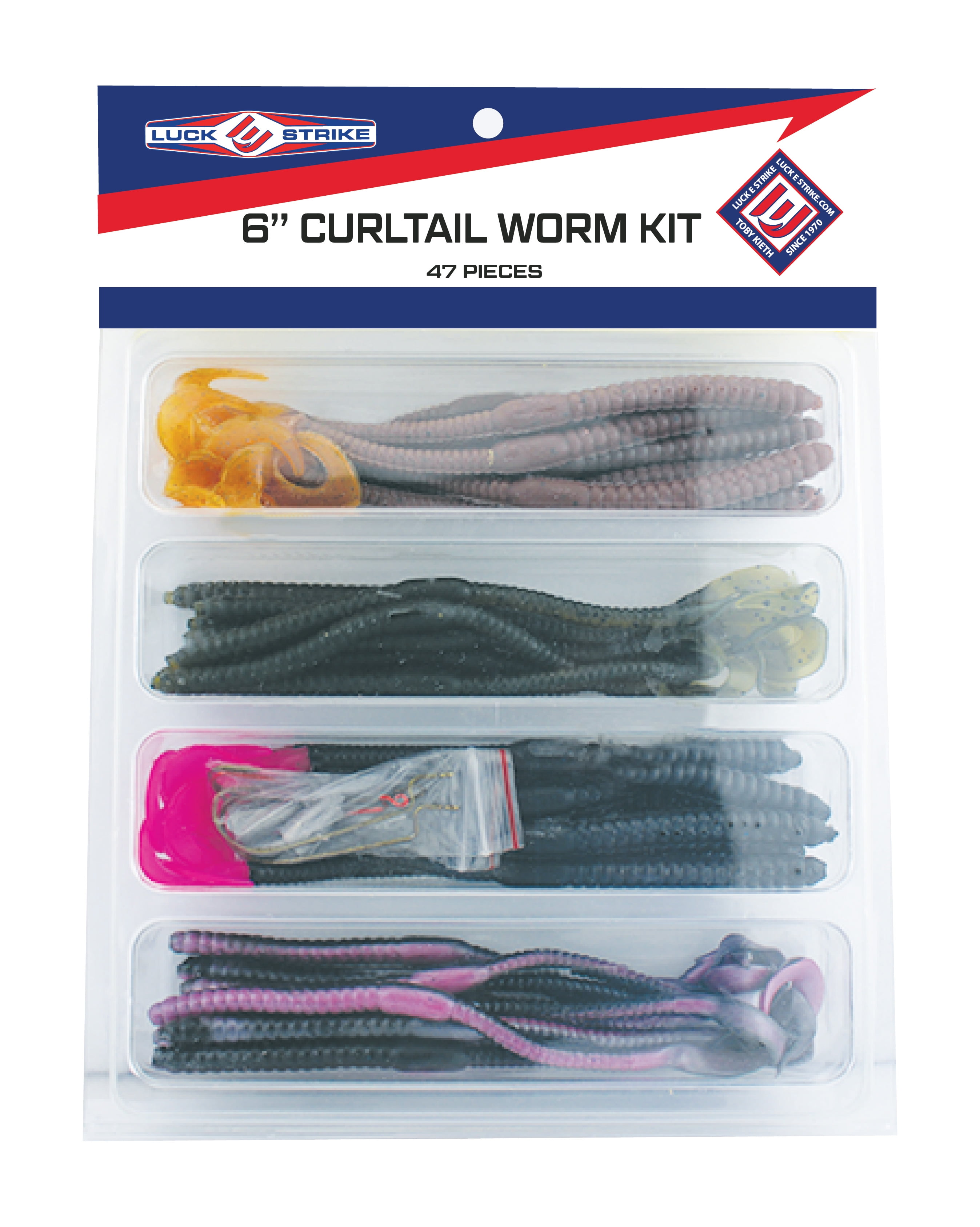 Luck E Strike Curltail Worm 6-inch Plastic and Lead Lure Kit for Bass, 47 Pieces, Assorted Colors