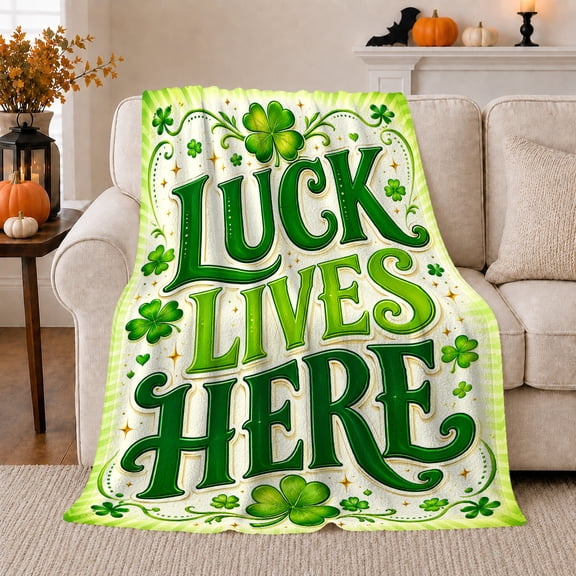 Luck Lives Here Bold Emerald Green Typography St, Festive Rustic Scene, Warm Flannel Blanket for Living Room and Reading Nook, Art Lovers St Patricks Day Gift, Festive Home Decor