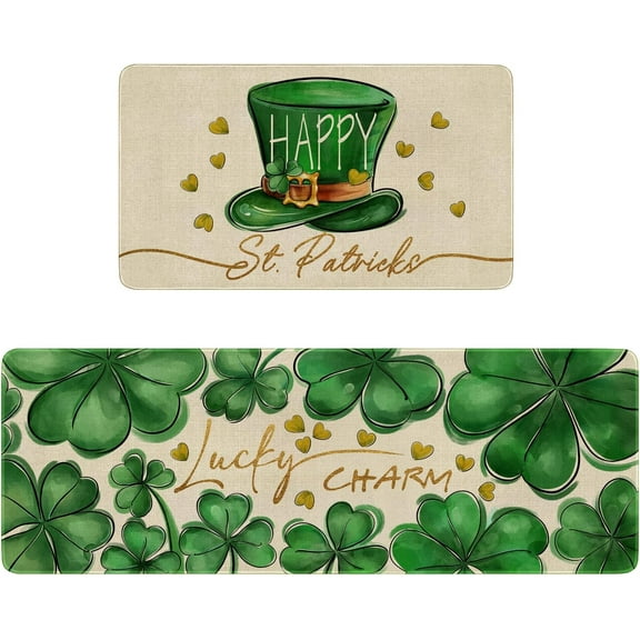 Luck Shamrock Hat Happy St.Patrick''s Day Kitchen Rugs Set of 2,Green Lucky Charm Kitchen Mats for Floor, Gold Irish Non-Slip Sink Mats Home Kitchen Decor Rug