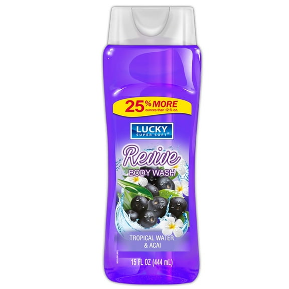 Lucky Super Soft Revive Body Wash. Soothes, Softens and Moisturizes your Skin. Tropical Water and Acai Fragrance. 15 Fl.Oz / 444 ml