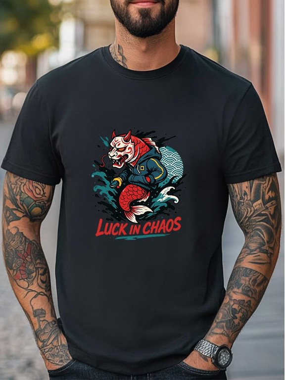 Luck in Chaos T-Shirt Oni Mask Koi Fish Streetwear Graphic Unisex Tee