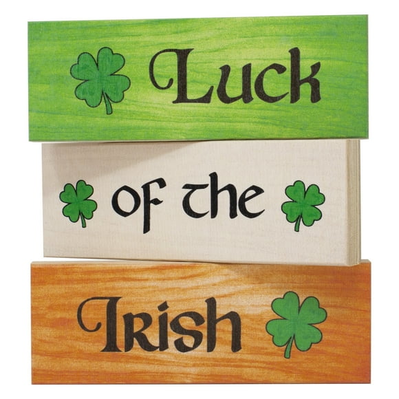 Jennygems Shamrock Wooden Block Set, St. Patrick's Day Decor for Shelf or Tiered Tray, 5.5 x 2 x 0.75 in