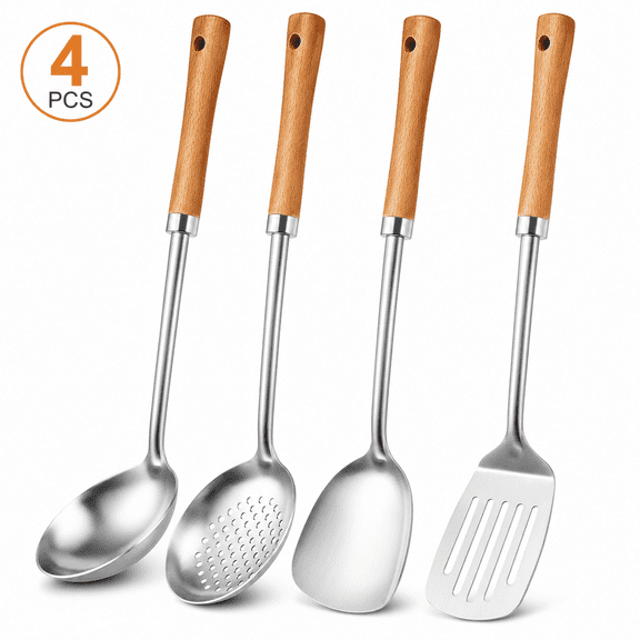 LuckArrives 4-Pcs Cooking Utensils Set, Stainless Steel Kitchen Utensils with Wooden Handle, Include Ladle Slotted Spoon Spatula Slotted Spatula Dishwasher Safe