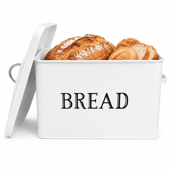 LuckArrives Extra Large Bread Box with Lid, Metal Bread Storage Container for Farmhouse Kitchen Countertop, 13.2x11.8x7.2 White