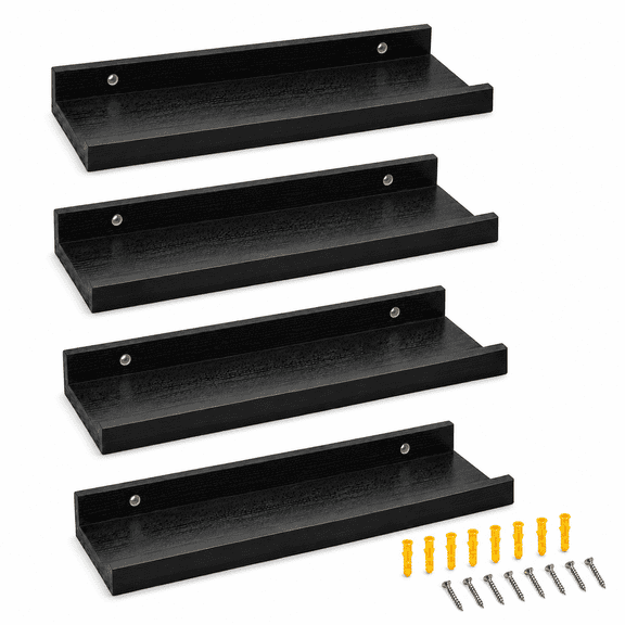 LuckArrivesL Black Picture Ledge Shelf, 4 Pack Floating Shelves with Lip for Wall, Small Wall Shelves for Bathroom Bedroom Kitchen Office, Real Wood 16"x5"x2"