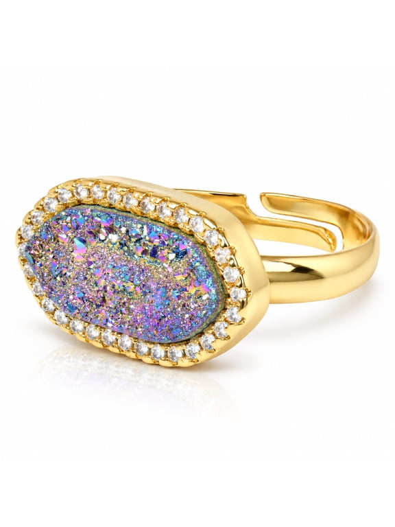 Natural Druzy Crystal Adjustable Ring for Women, Gold Plated