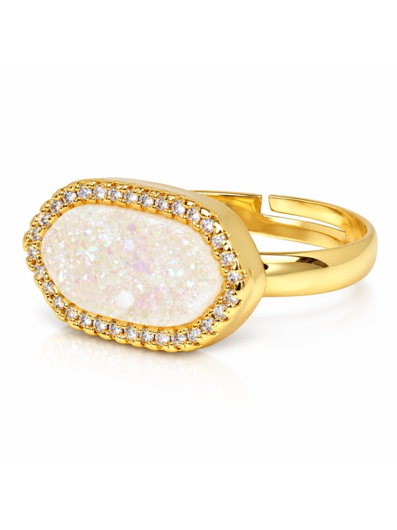 Natural Druzy Crystal Adjustable Ring for Women, Gold Plated