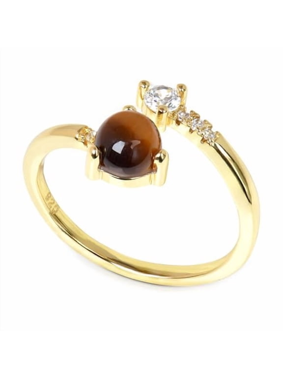 Natural Tiger Eye Adjustable Gemstone Ring, Gold Plated