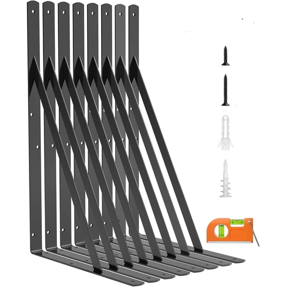 LuckIn 8-Pack Heavy Duty Shelf Bracket, 18 Inch Wall Shelf Brackets with 90 Degree Triangle, 250 LBS Max Load, Mounting Hardware Included, Black