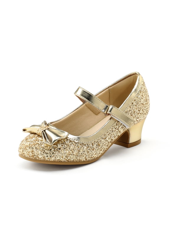 Girls Gold Dress Shoes Mary Jane Princess Shoes,1.5 in Hook & Loop For Wedding Party Pumps 1M