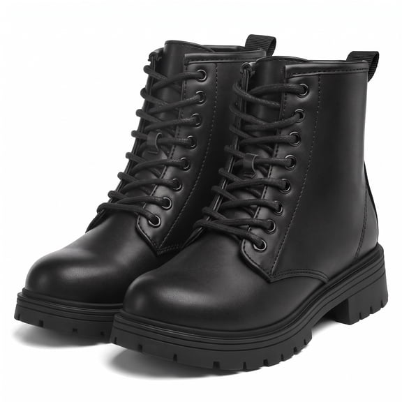 LuckLilac Kids Combat Boots Girls Classic Ankle Booties Side Zipper Waterproof Shoes for School Outdoor,Black PU 3M