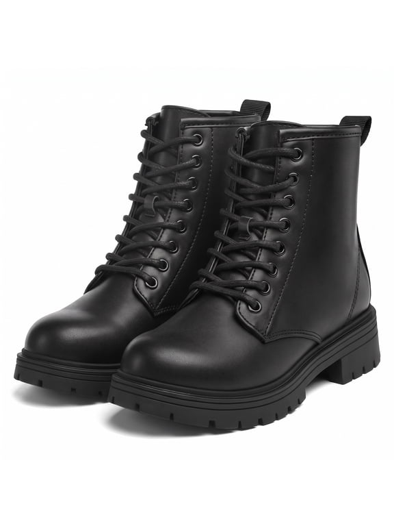 Kids Combat Boots Girls Classic Ankle Booties Side Zipper Waterproof Shoes for School Outdoor,Black PU 3M