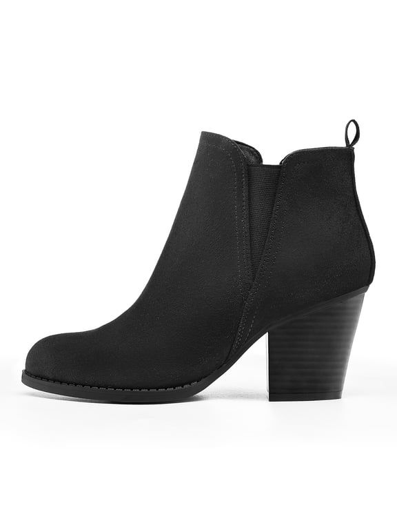Women's Black Ankle Boots V-Cut Chunky Block Heel Elastic Gore Fashion Booties for Office Work,9M