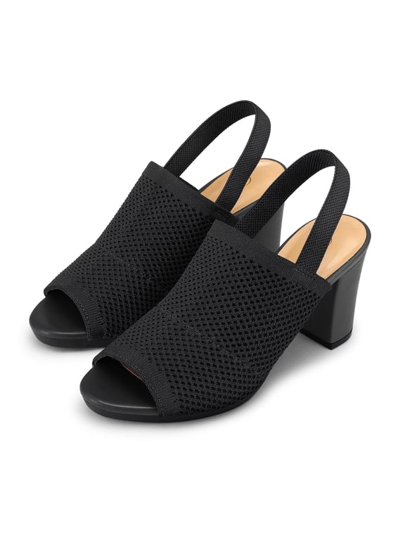 Women's Knit Block High Heels Elastic Slingback Fishmouth Open Toe 3 inch Heeled Sandals,Blcak,8M