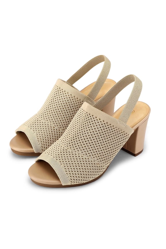 Women's Knit Block High Heels Elastic Slingback Fishmouth Open Toe 3 inch Heeled Sandals,Khaki,10M