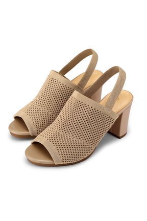 Women's Knit Block High Heels Elastic Slingback Fishmouth Open Toe 3 inch Heeled Sandals,Almond,8M