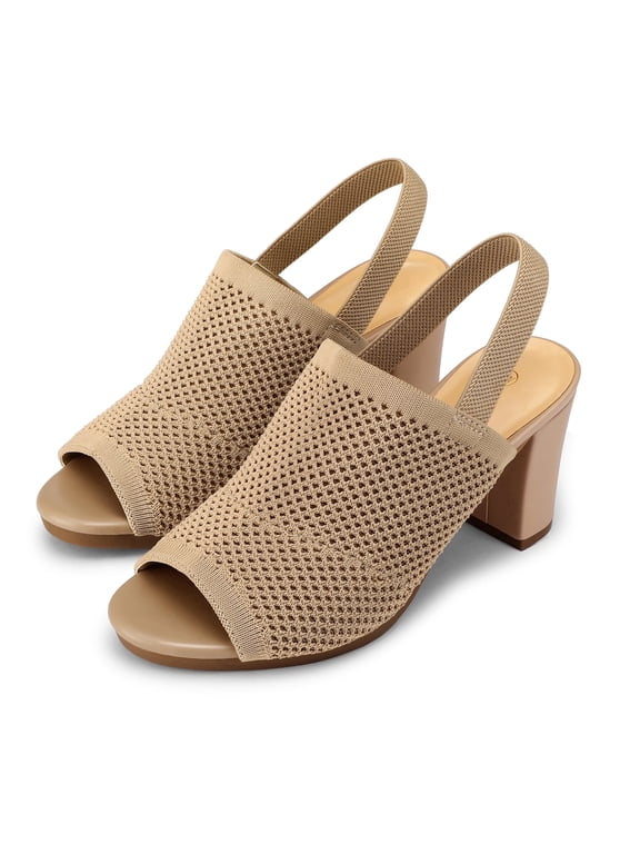 Women's Knit Block High Heels Elastic Slingback Fishmouth Open Toe 3 inch Heeled Sandals,Almond,8M