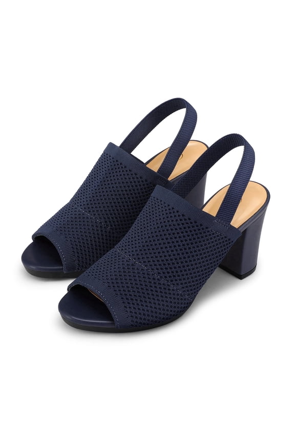Women's Knit Block High Heels Elastic Slingback Fishmouth Open Toe 3 inch Heeled Sandals,Navy,8M