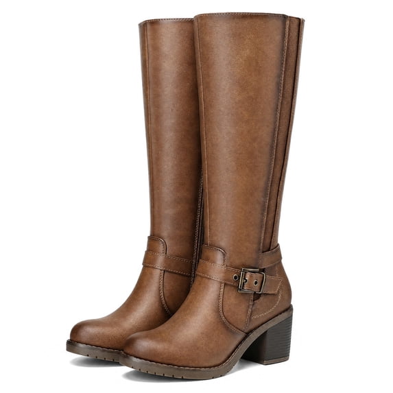 LuckLilac Women Knee High Boots Wide Calf Fashion Dress Shoes Chunky Heel Casual Work