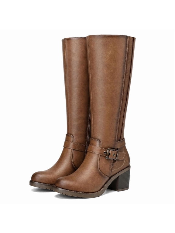 Women Knee High Boots Wide Calf Fashion Dress Shoes Chunky Heel Casual Work