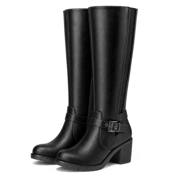 LuckLilac Women Knee High Boots Wide Calf Fashion Dress Shoes Chunky Heel Casual Work