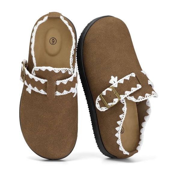 LuckLilac Women Mule Slipper Lace Trim Suede Flat Shoes for Indoor Outdoor