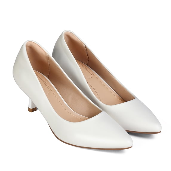 LuckLilac Women's Pumps 2.1inch Shoes Slip-Resistant Dress Shoes, Low Kitten Heel, Pointy Toe, White,9M