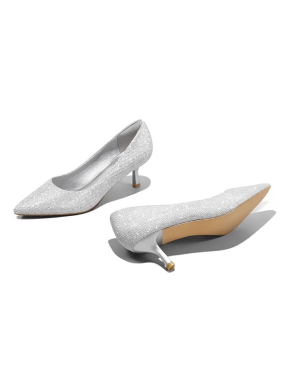 Women's Pumps 2.1inch Shoes Slip-Resistant Dress Shoes, Low Kitten Heel, Pointy Toe, Silver,8.5M