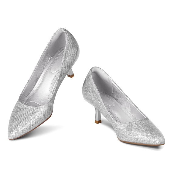 LuckLilac Women's Pumps 2.1inch Shoes Slip-Resistant Dress Shoes, Low Kitten Heel, Pointy Toe, Silver,7M