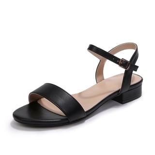 LuckLilac Women's Black Strappy Sandals Low Block Heel Ankle Strap Open Toe Dress Sandals