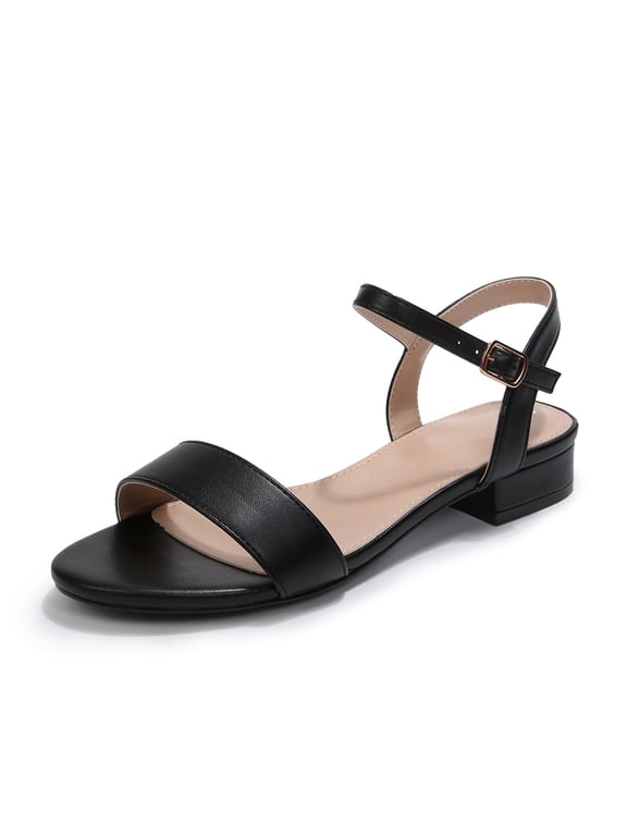 Women's Black Strappy Sandals Low Block Heel Ankle Strap Open Toe Dress Sandals