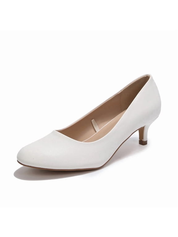 Women's Pumps Low Thin Heel Round Toe Dress Shoes Office Daily Work Shoes White PU 9