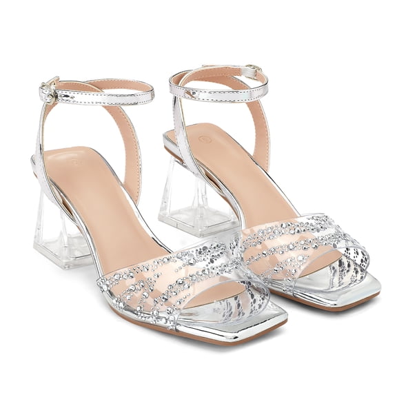 LuckLilac Women's Clear Heels Open Square Toe Chunky Heel One Strap Women Sandals Adjustable Buckle Sparkly Transparent Summer Shoes