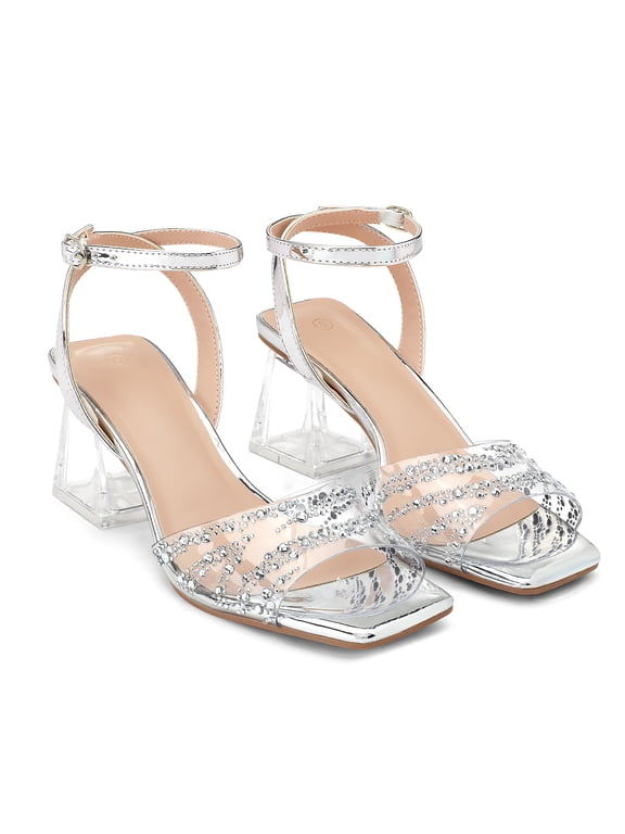 Women's Clear Heels Open Square Toe Chunky Heel One Strap Women Sandals Adjustable Buckle Sparkly Transparent Summer Shoes