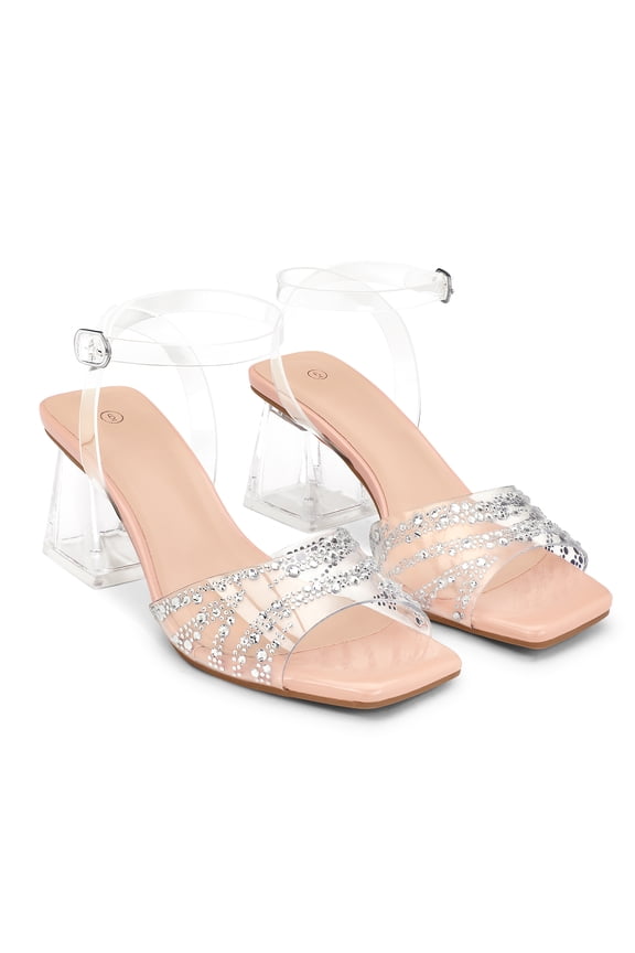 Women's Clear Heels Open Square Toe Chunky Heel One Strap Women Sandals Adjustable Buckle Sparkly Transparent Summer Shoes