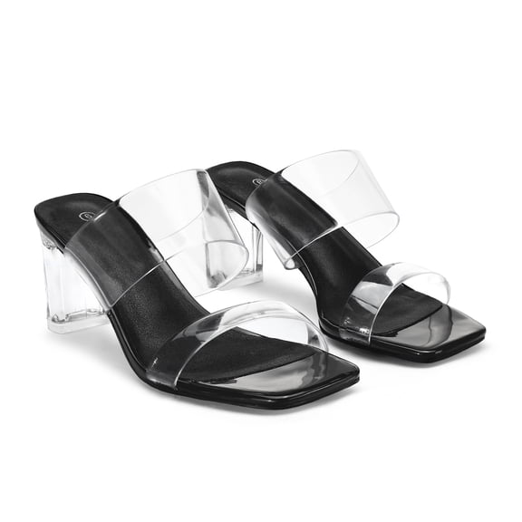 LuckLilac Women's Clear Open Square Toe Heels Transparent Strap Block Heel Slip on Sandals for Summer Parties Daily Wear