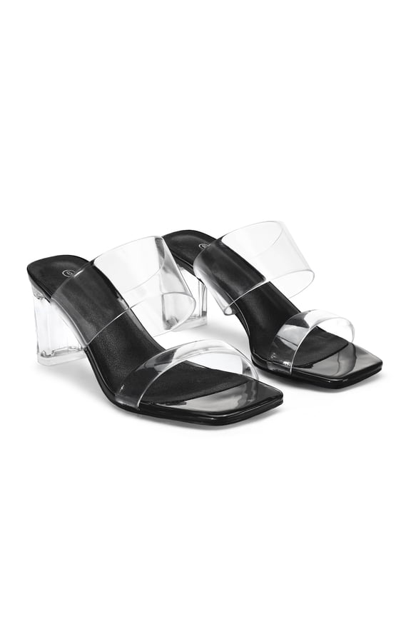 Women's Clear Open Square Toe Heels Transparent Strap Block Heel Slip on Sandals for Summer Parties Daily Wear