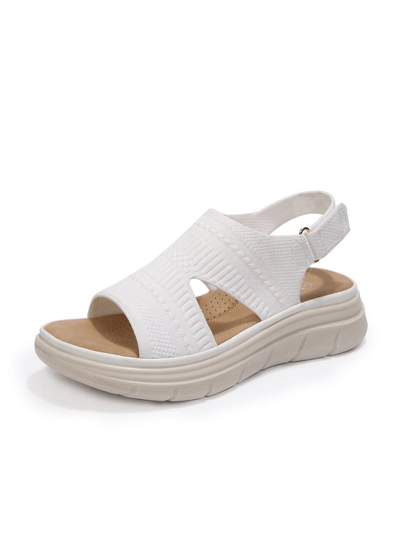 Women's Platform Walking Sandals Breathable Knit Ankle Strap Sandals Summer Casual Daily Wear Shoes White 9