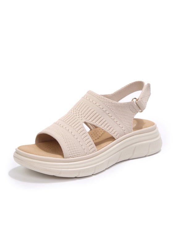 Women's Platform Walking Sandals Breathable Knit Ankle Strap Sandals Summer Casual Daily Wear Shoes Khaki 10