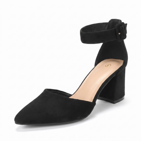LuckLilac Women's Pointed Toe Pumps Block Heel Ankle Strap Adjustable Buckle Heels sandals Dress Shoes for Casual Party Daily Wear