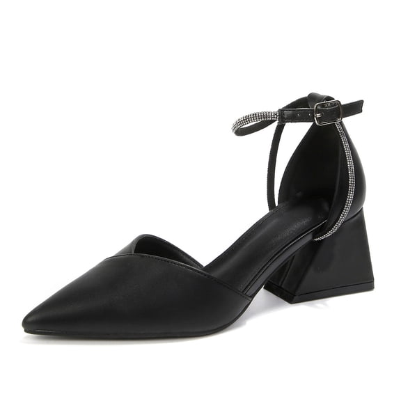 LuckLilac Women's Pointed Toe Pumps Chunky Rhinestone Ankle Strap Heels Sandals for Dress Party Daily Wear