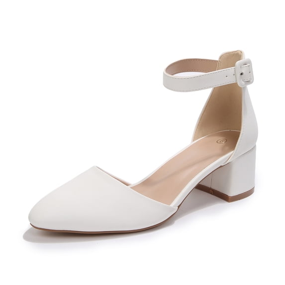 LuckLilac Women's Round Toe Pumps Ankle Strap Low Buckle Block Heel Sandals Dress Wedding Office Party Shoes