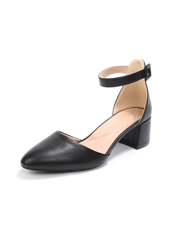 Women's Round Toe Pumps Ankle Strap Low Buckle Block Heel Sandals Dress Wedding Office Party Shoes