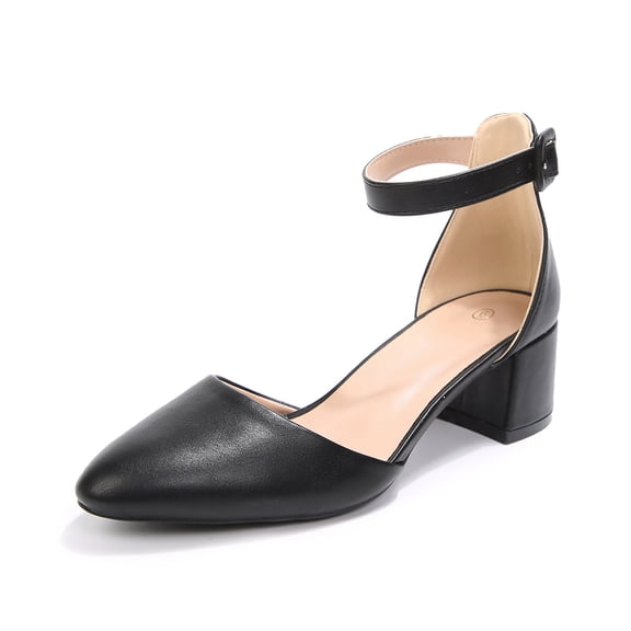 LuckLilac Women's Round Toe Pumps Ankle Strap Low Buckle Block Heel Sandals Dress Wedding Office Party Shoes