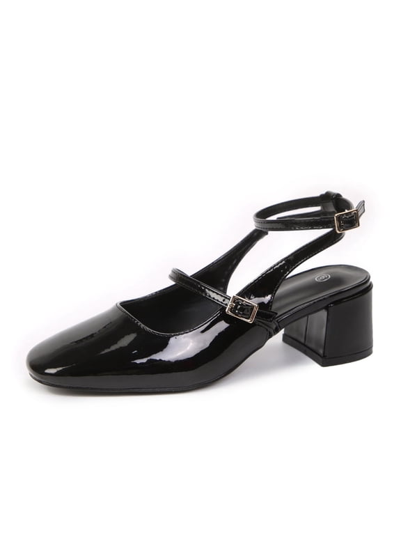 Women's Square Toe Slingbacks Mary Jane Pumps Patent Leather Chunky Low Heel Buckle Strap Heels sandals Wedding Party Dress Shoes
