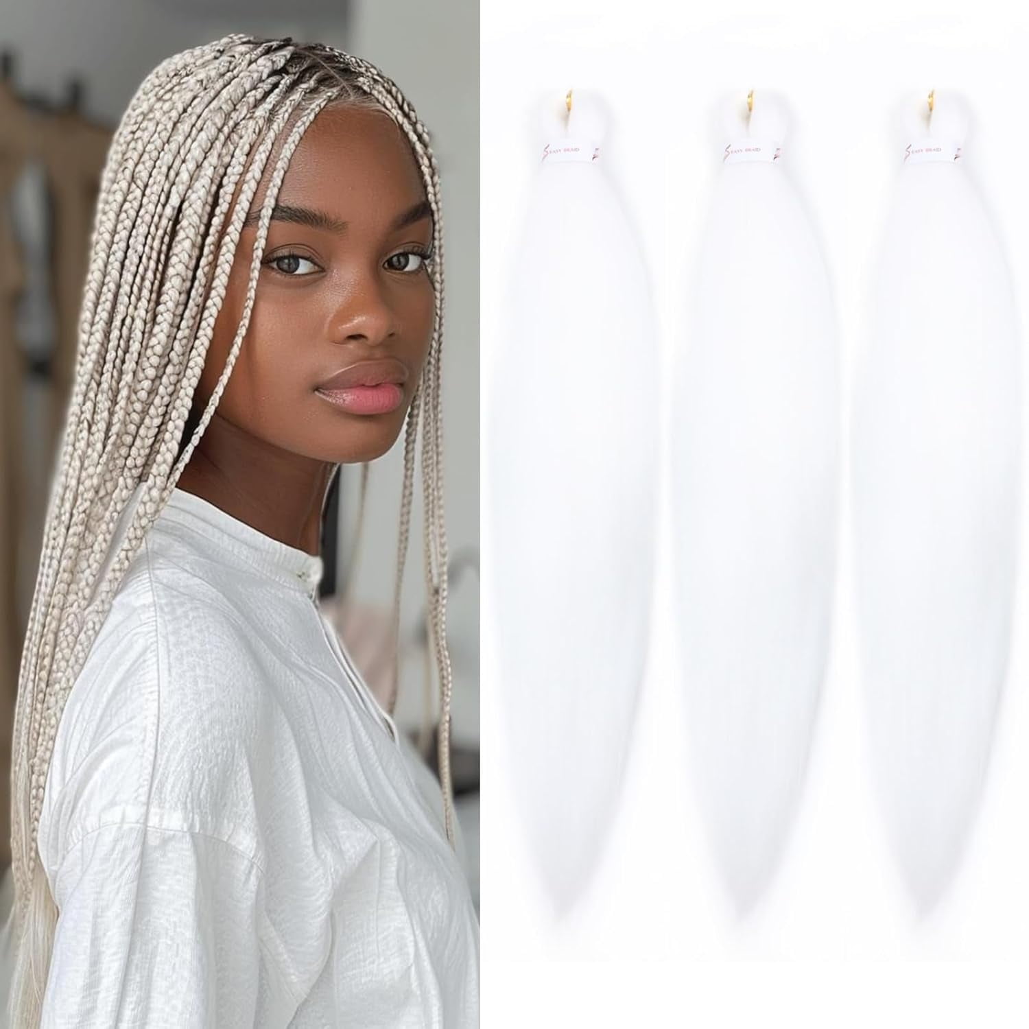 LuckLoop Braiding Hair Pre Stretched 24 Inch 3 Packs, White Pre ...